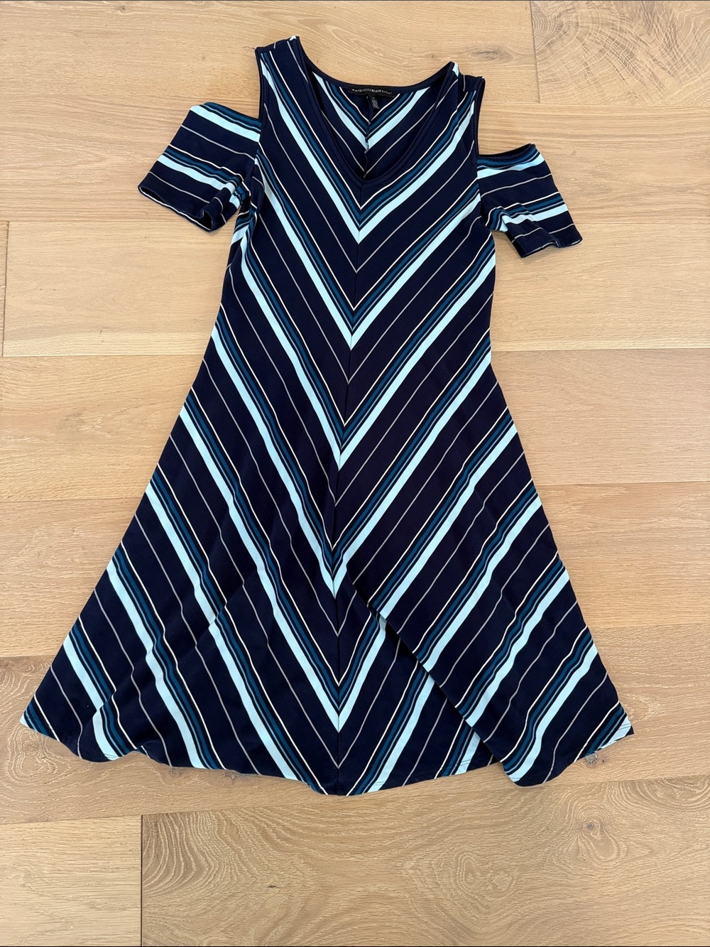 White House Black Market Cold-Shoulder Navy & Light Blue Striped Women’s Dress